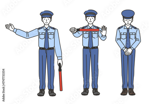 警備員のポーズ３種類（誘導、停止、お辞儀）