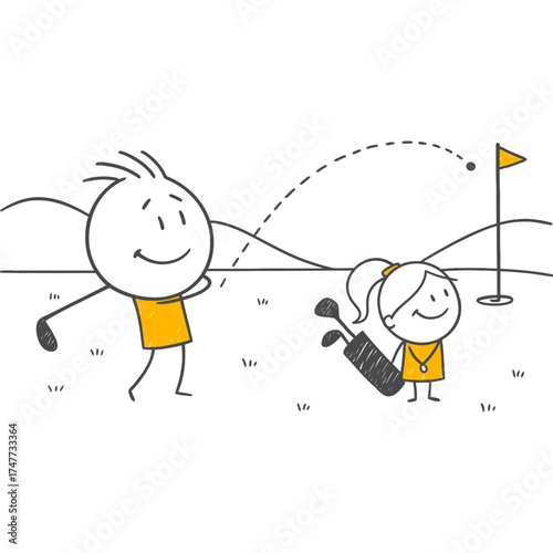 The Perfect Swing and a Supporting Smile The Joy of the Figure Directing the Ball Towards the Hole on the Golf Course and Their Teammate's Satisfaction.