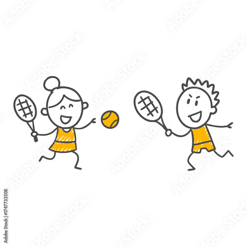 Pure Fun on the Tennis Court The Enthusiastic Expressions of the Energetic Figures as They Hit the Ball with Their Rackets.
