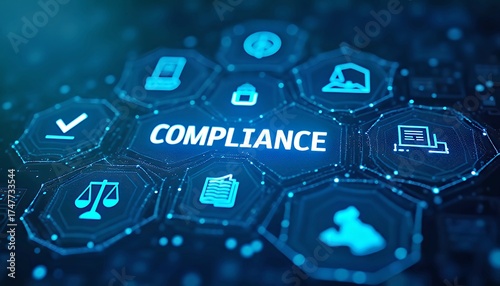 Digital Compliance Concept: Regulatory Icons and Technology Interface