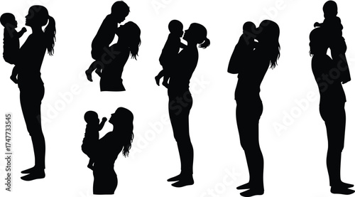 Silhouette of mother holding baby, maternal love and care, family affection, motherhood concept, parent and child bonding illustration