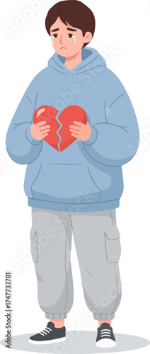 Illustration of Sad Man Holding Broken Heart 