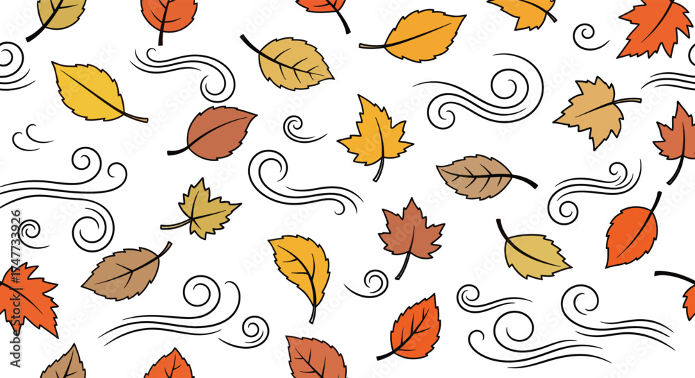 Fototapeta premium A seamless autumn pattern featuring colorful falling leaves and elegant wind swirls on a white background. The design showcases shades of orange, yellow, and brown. Symbolizing the beauty of fall