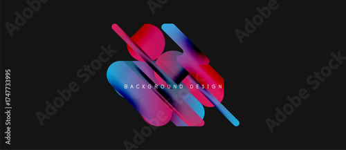 Abstract design features vibrant blue, pink, purple gradients. Geometric shapes overlap creating dynamic visual effect. Dark background enhances color contrast.