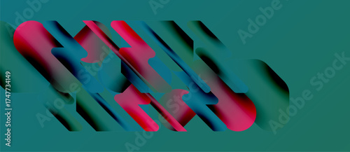 Abstract shapes overlap, creating vibrant color blends. Teal background contrasts with red, blue hues. Modern design elements present.