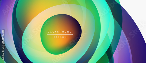 Abstract colorful layers create dynamic circular design. Gradient hues blend, forming modern background pattern. Vivid visuals.