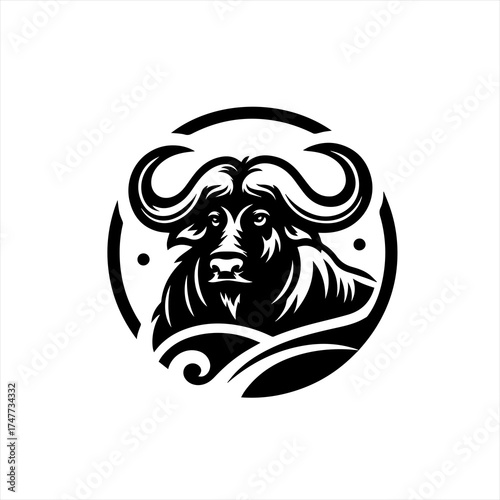 Stylized black and white buffalo head emblem with horns and mane