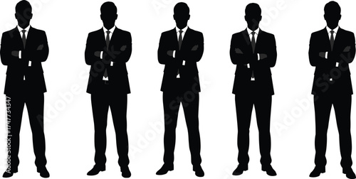 Business team silhouettes in formal suits standing with crossed arms, corporate unity concept, black vector figures on white background
