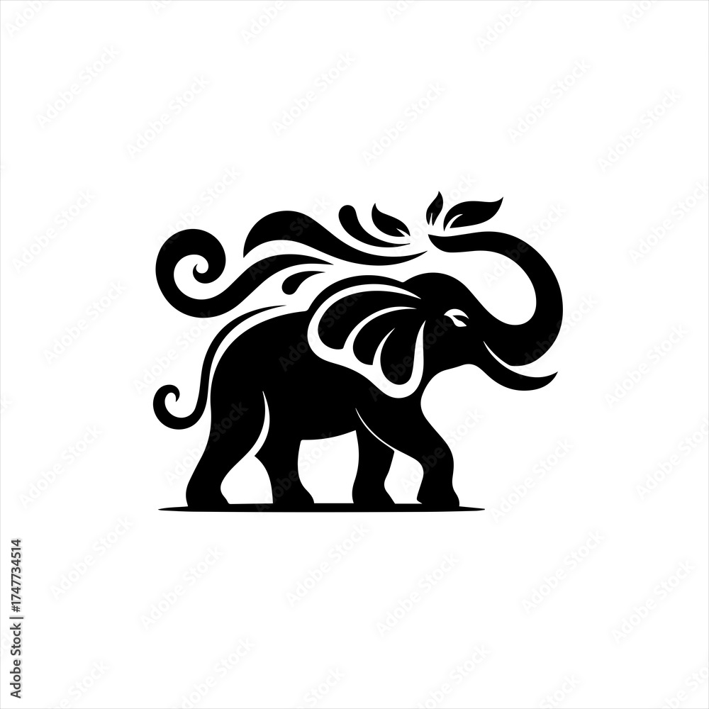 Fototapeta premium Stylized black elephant silhouette with flowing trunk and leaves