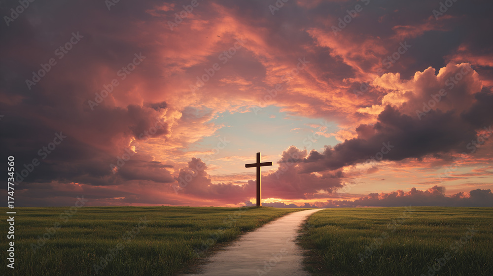 Obraz premium Cross standing on a grassy field under a dramatic red and orange sunset sky with a path leading toward the horizon