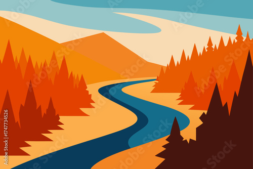 Winding river through autumn forest landscape view