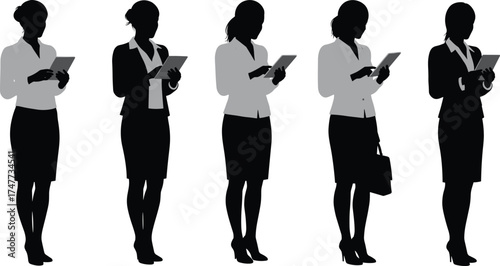 Businesswoman silhouette using tablet device in office attire — digital workflow concept, multitasking pose, flat cad drawing vector illustration