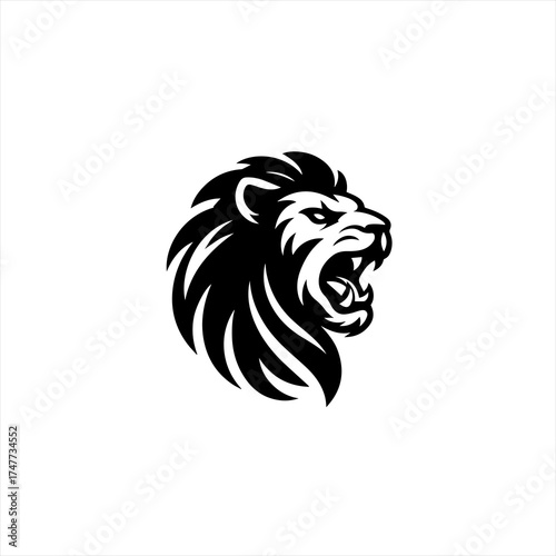 Fierce black lion head roaring aggressively logo design