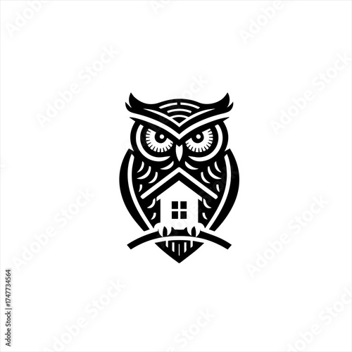 Stylized black owl logo with a house integrated into its chest