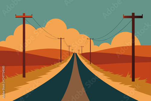 A road stretches into the distance with power lines