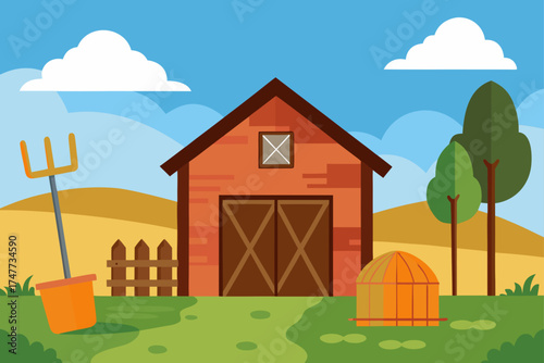 Cartoon farm scene with barn trees and hay bale