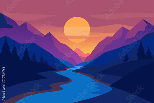 Sunset over mountains with river flowing through valley