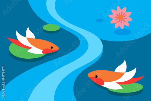Two koi fish swimming in a pond with a pink flower