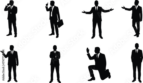 Businessmen silhouette set showing various professional poses and gestures, ideal for corporate presentation, teamwork, leadership, and communication concepts