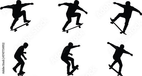 Silhouette of skateboarder performing tricks in motion, extreme sports action, skateboarding jump pose, youth lifestyle, balance and energy concept illustration