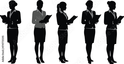 Business women reading documents in office attire silhouette, professional teamwork concept, corporate female staff standing flat vector illustration