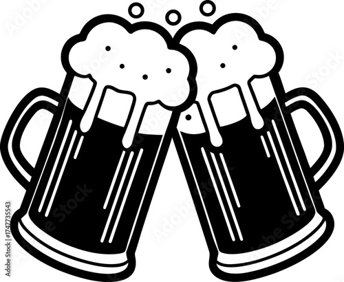 Two frosty beer mugs clinking together, filled with golden beer and foamy white head spilling slightly, condensation droplets on the glass, realistic photography, high detail, cinematic lighting, chee