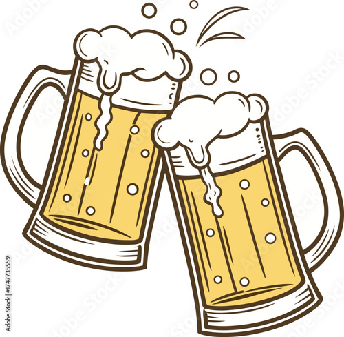 Two frosty beer mugs clinking together, filled with golden beer and foamy white head spilling slightly, condensation droplets on the glass, realistic photography, high detail, cinematic lighting, chee