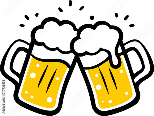 Two frosty beer mugs clinking together, filled with golden beer and foamy white head spilling slightly, condensation droplets on the glass, realistic photography, high detail, cinematic lighting, chee