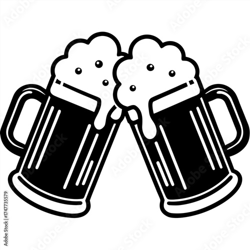 Two frosty beer mugs clinking together, filled with golden beer and foamy white head spilling slightly, condensation droplets on the glass, realistic photography, high detail, cinematic lighting, chee