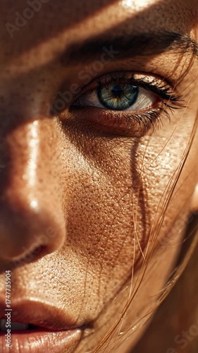 Close-up of a person's face with a glowing tan, a portrait of sun tanning.