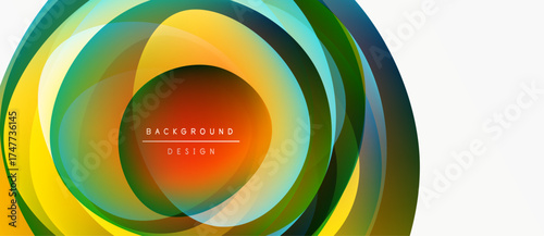 Abstract colorful layers create dynamic circular design. Gradient hues blend, forming modern background element. Minimalist text present.
