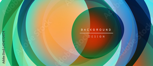 Abstract colorful layers create dynamic circular design. Gradient hues blend, forming modern visual effect.