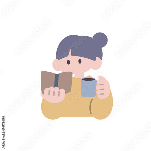 コーヒーを飲みながら本を読む女性