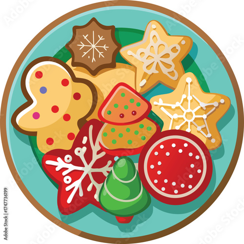 Assorted Christmas cookies on a teal plate gingerbread man
