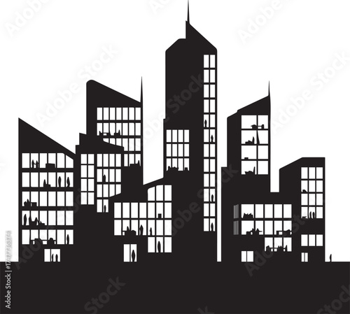 Modern city skyline at dusk with illuminated windows a striking silhouette