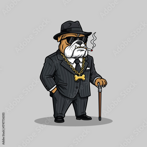 Dapper Bulldog Mobster Smoking Cigar in Pinstripe Suit