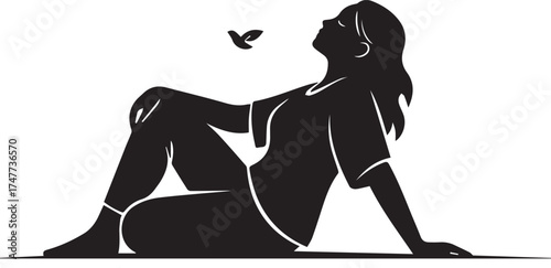 Silhouette woman relaxing outdoors during sunset with bird flying serene sunset atmosphere vector