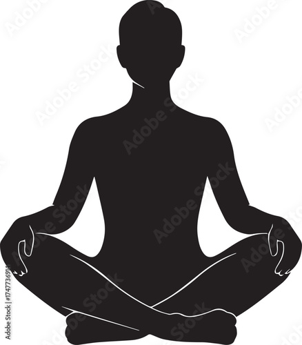 Silhouette of person meditating in lotus pose with soft sun rays and abstract shapes vector