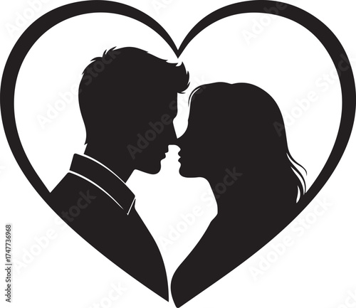 Romantic silhouette couple embracing inside a heart shape with subtle patterned background vector