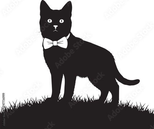 Elegant black cat wearing a white bow tie standing on grassy mound artistic silhouette vector