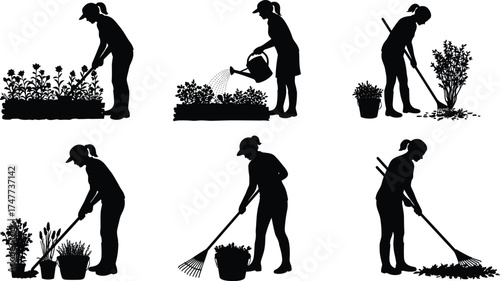 Silhouette of women gardening, watering, planting and raking plants, outdoor farming work, garden maintenance, agriculture lifestyle, and nature activity illustration