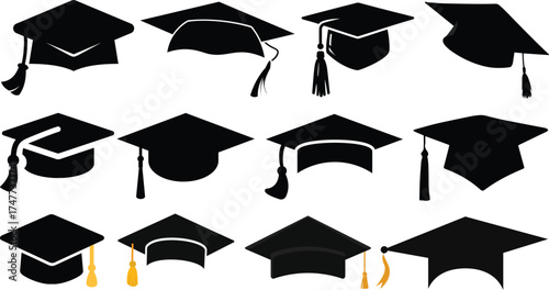 graduation cap icon set, university or college graduation hat icon, student graduation cap , student hat outline and filled vector sign. Academic cap linear and full pictogram. Education symbol, logo