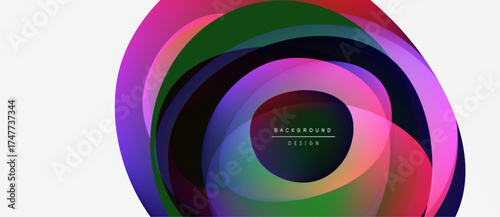 Abstract colorful layers create circular design. Vibrant hues blend, forming modern background element. Minimalist text present.