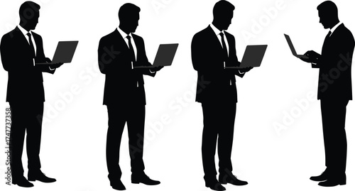 Business professionals using laptops in silhouette style, digital work concept, remote office posture, cad drawing flat vector illustration design