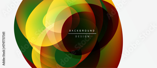 Abstract colorful layers create dynamic circular design. Gradient shades blend, forming modern background element. Text reads background design.
