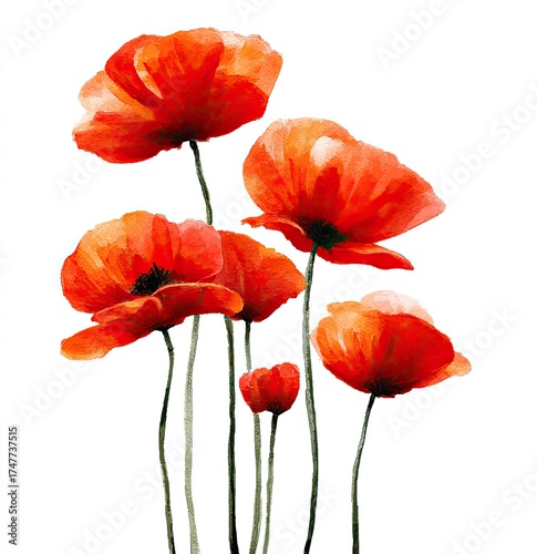 Vibrant red poppies, watercolor style
