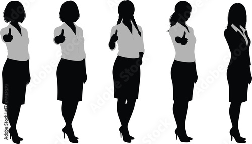 Business women giving thumbs up gesture in silhouette style, teamwork approval concept, cad drawing flat vector illustration design