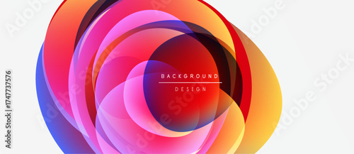 Abstract colorful layers create dynamic circular form. Gradient hues blend, forming modern background design. Vivid, flowing shapes suggest movement.