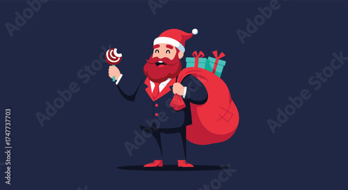 A cheerful bearded man dressed as Santa Claus holding a candy cane and a sack of gifts.