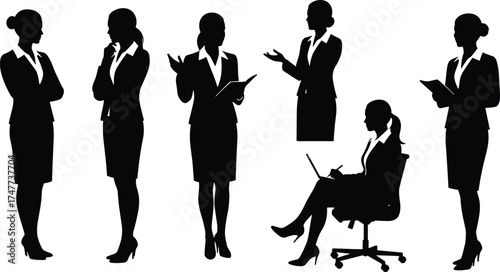 Businesswoman silhouette set in office poses with laptop, clipboard, gestures, ideal for corporate, leadership, and workplace diversity themes